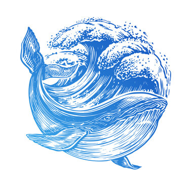Swimming big whale and sea waves. Emblem in the shape of a circle on the theme of sea adventure, travel and discovery