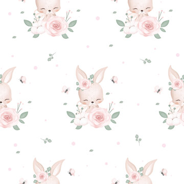 Seamless Pattern Cute Rabbit with Flowers and Butterflies