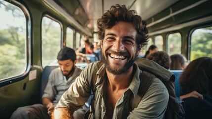 a happy tourist traveling by train and holding a map and looking - obrazy, fototapety, plakaty