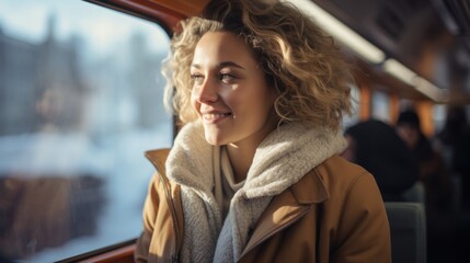 a happy woman riding the train in the winter while using her phone