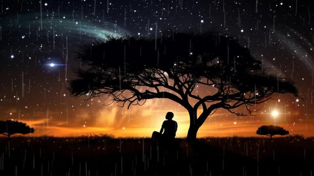 silhouette of a man sitting under a tree in a meadow. seamless looping time-lapse virtual video Animation Background.