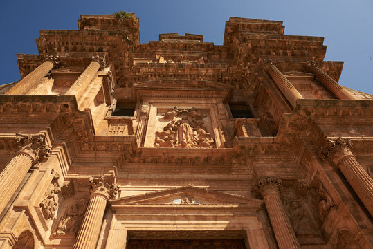 Gumiel de Iz&aacute;n, Burgos, Spain. View of Santa Maria's church facade from below. The style of the church is gothic, but the facade  is style baroque