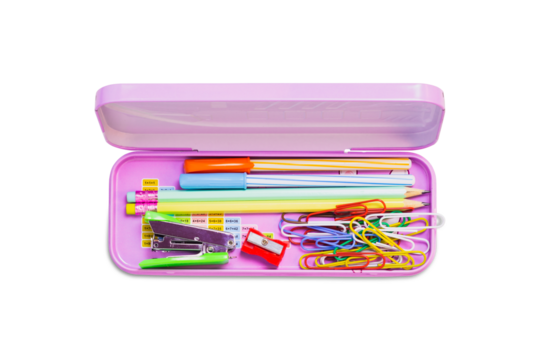 box for school supplies on white background, clipping path