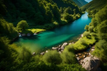 A tranquil river meandering through a picturesque valley, surrounded by lush greenery and framed by a clear blue sky, capturing the beauty of untouched nature.