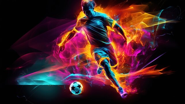 Young sporty athletic man wearing in red sport clothes, soccer football player in action on dark neon background. Concept of sport, game, action. Copy space for ad. Modern design background. AI.