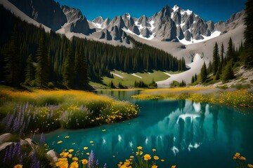 Towering mountain cliffs overlooking a tranquil alpine lake, surrounded by a carpet of wildflowers, the clear blue sky reflecting in the crystal-clear water.