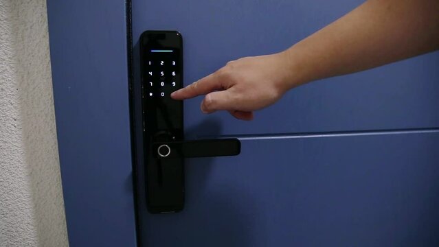 Modern electronic lock for entering the apartment. Protection and security from theft and burglary, close-up