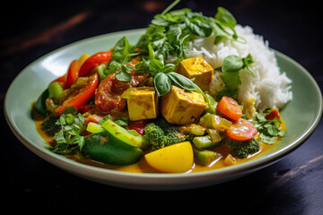 .Vegan Thai curry with tofu, vegetables, and aromatic herbs served over jasmine rice.