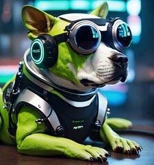 frog dog inu immaculate full body cyberpunk style robot with virtual reality glasses.