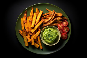 A conceptual image featuring a plate of baked sweet potato fries with a side of guacamole compared to a serving of deep-fried, high-calorie potato wedges,