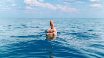 A hand sticks out from under the water and shows a thumbs up. Hand showing Like