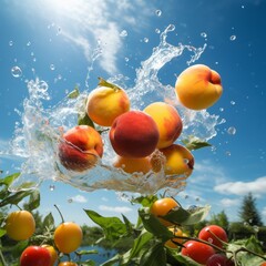 Summer fruit flying with splashing water, in the background a green field with a blue sky full of clouds on a hot summer day