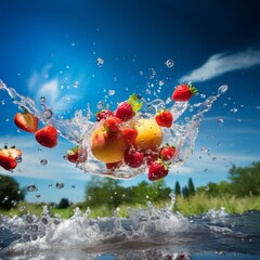 Summer fruit flying with splashing water, in the background a green field with a blue sky full of clouds on a hot summer day
