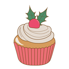 Christmas cupcake decorated with cherry fruit and two holly leaves on top. Vector illustration design on white background.