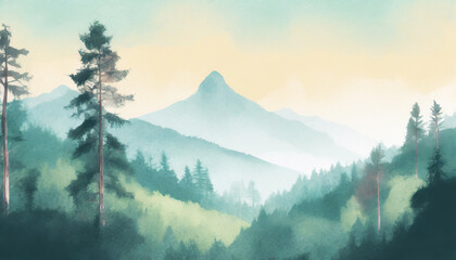 Colorful mystic art nature watercolor landscape painting with forest, mountains, trees, mist and woods. ai generated.