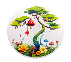 a clip art of mushroom tree in a flower and fruits as outline