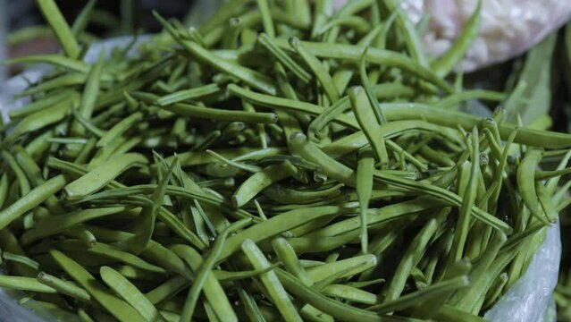 guar or cluster bean at vegetable store for sale at evening