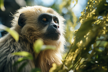 The critically endangered Hainan Gibbon in a subtropical forest.
