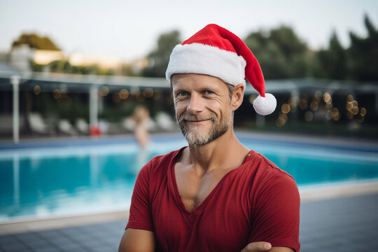 Portrait of cheerful positive man having fun at New Year party near swimming pool generative AI