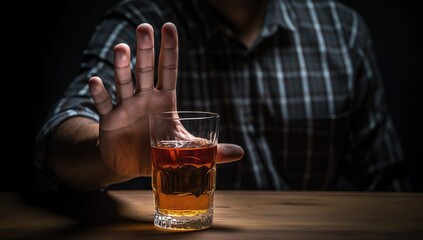 A man in a plaid shirt is declining a glass of whiskey, showing a hand in a gesture of refusal. The concept of giving up alcohol - obrazy, fototapety, plakaty
