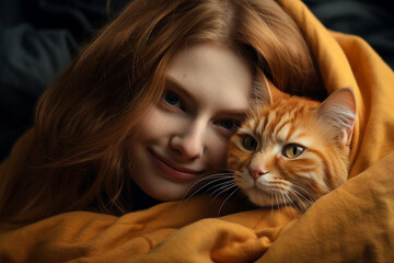 AI generated image of cheerful smiling person wrapped in blanket hugging cat in cozy room