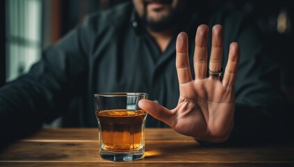 A man in a black shirt is refusing a glass of whiskey, showing a "stop" hand gesture. The concept of giving up alcohol