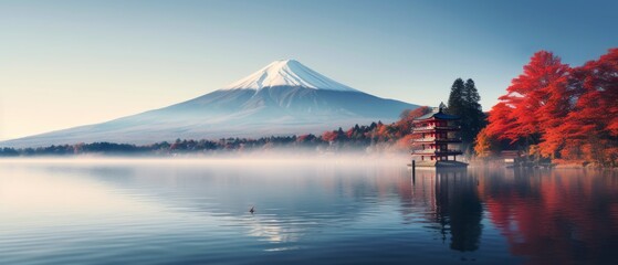 vibrant autumn scenery: mount fuji, morning fog, and red leaves by lake kawaguchiko - obrazy, fototapety, plakaty