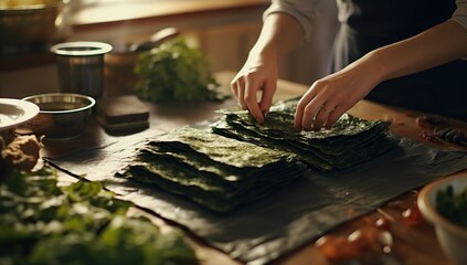 A person's hands are carefully folding green seaweed on a wooden cutting board, preparing to make rolls, with various ingredients and kitchenware around. The concept of algae
