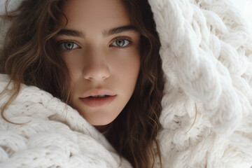 AI generated image of cheerful woman model wrapped in blanket awakening in morning