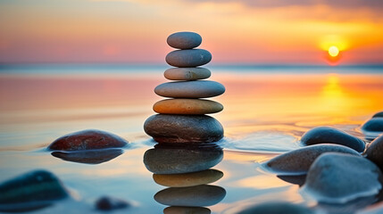 Stones balance on the beach and color sunrise