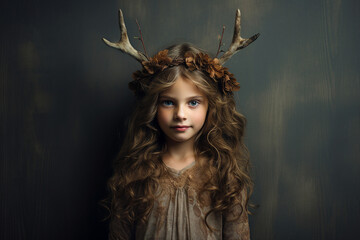Little girl wearing reindeer horns on head winter costume Generative AI