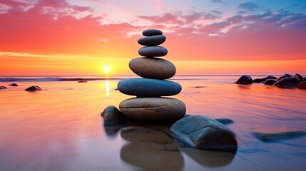 Obraz na płótnie Canvas Stones balance on the beach and color sunrise