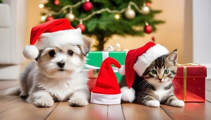 "A Heartwarming Christmas Moment: A Dog and a Kitten in Red Santa Hats"