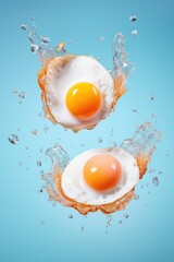 fried eggs fly in the air on blue pastel background.