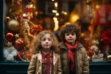 Fototapeta na wymiar Generative AI happy children visiting winterland fair Christmas atmosphere