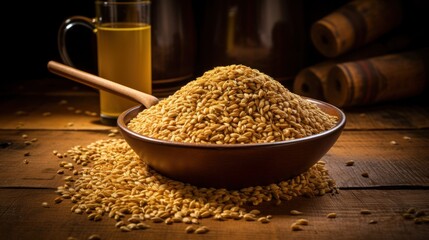 Beer malt with a ladle resting on the grains, highlighting the raw ingredients in the brewing process. - obrazy, fototapety, plakaty