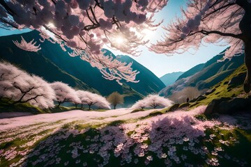 A hidden mountain valley blanketed in cherry blossoms, with a gentle breeze carrying petals through the air and creating a dreamlike scene of natural beauty.