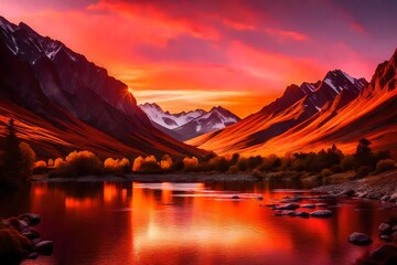 A vibrant mountain sunrise, painting the sky in hues of orange and pink, while a winding river reflects the first light on the majestic peaks above.