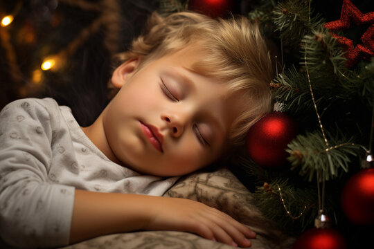 AI generated picture of happy child sleeping in cozy festive christmas atmosphere