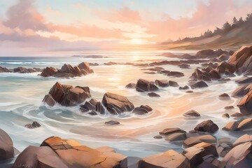 A panoramic view of a coastal inlet, with waves gently lapping against rocky shores and the sky painted in soft pastel tones as the sun sets over the water.