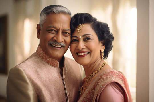 Generative AI portrait of retired couple indian people wearing traditional clothes wedding anniversary