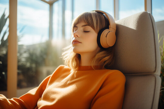 AI generated photography of cute lovely woman listening to music relaxing in house