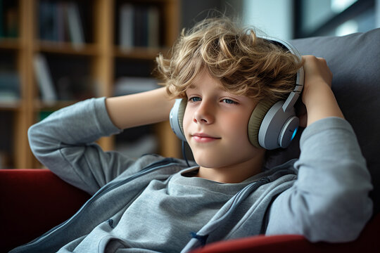 AI generated picture of relaxed man in headphones listening to music audio song relaxing in apartment.