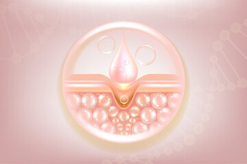 Hyaluronic acid hair and skin solutions ad. pink collagen serum drops into skin cells with cosmetic advertising background ready to use, illustration vector.