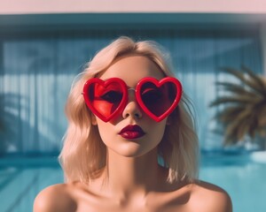 Fashion model with blonde hair and red lips wearing heart sunglasses by the pool, evoking romance