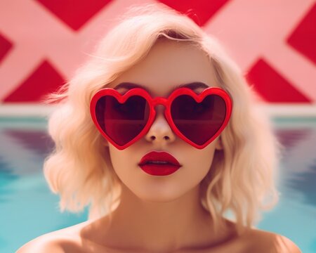 Chic blonde woman with bold red lips wearing heart-shaped sunglasses by a swimming pool