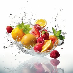 A professional photograph with a watermelon and summer fruits flying with splashing water, white background