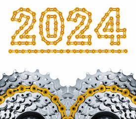 colored bicycle chain with MTB cassette with 2024 Happy New Year made by golden bicycle chain links