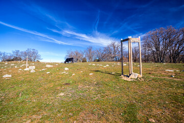 Direction indicators and cow in the meadow. Avila. Spain. Europe.
