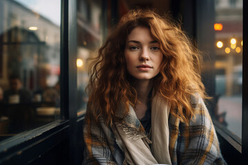 Fototapeta premium Generative AI portrait of young person sitting dreamy in aroma cafeteria enjoying morning coffee